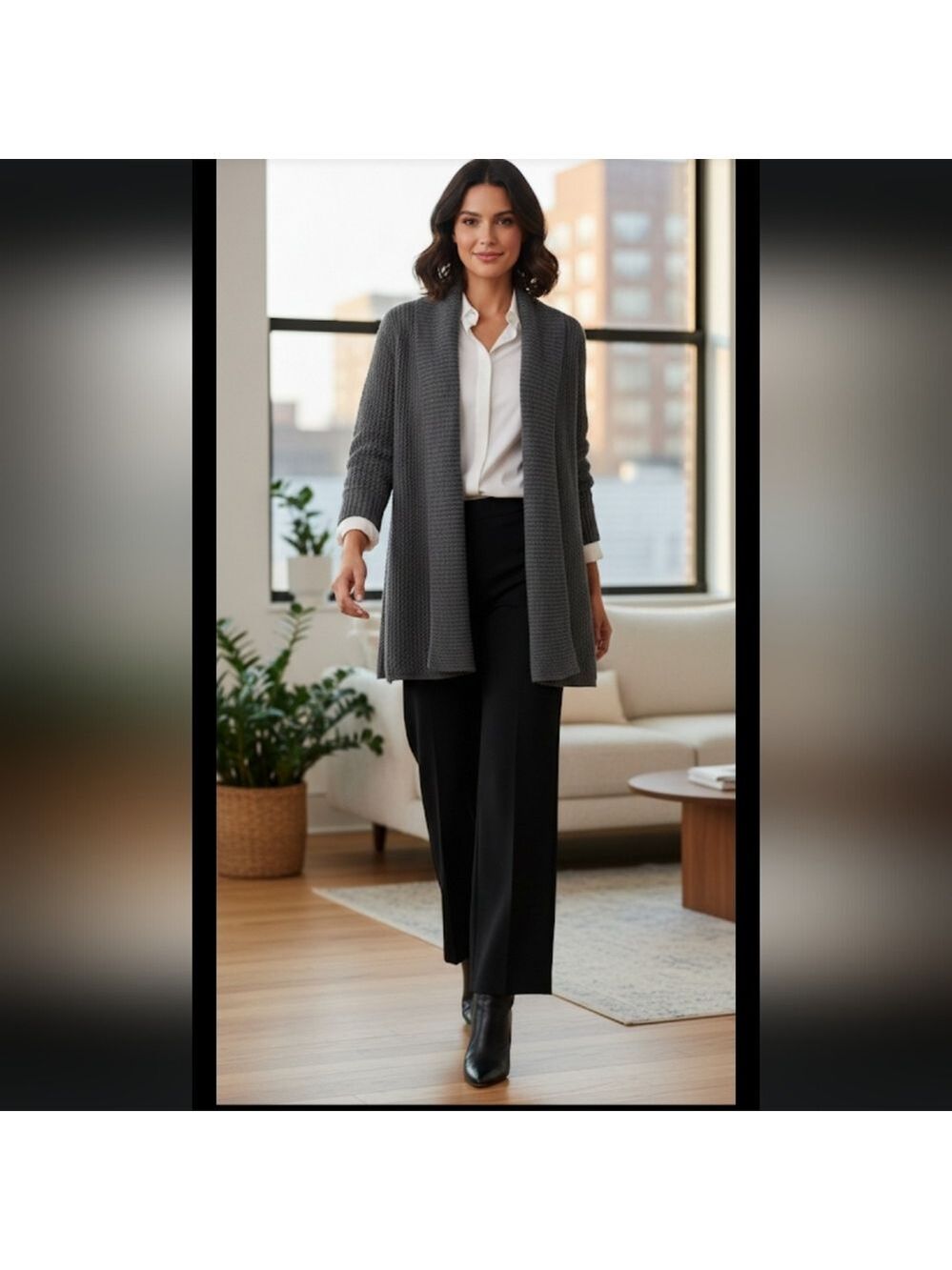 Metaphor Gray w/silver Marled open knit cardigan Size Large EUC Lagenlook